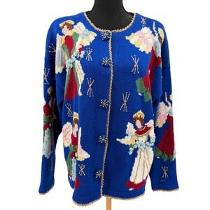 Belle Pointe Women's Sweater Angel Christmas Cardigan Beaded‎ Buttons Large